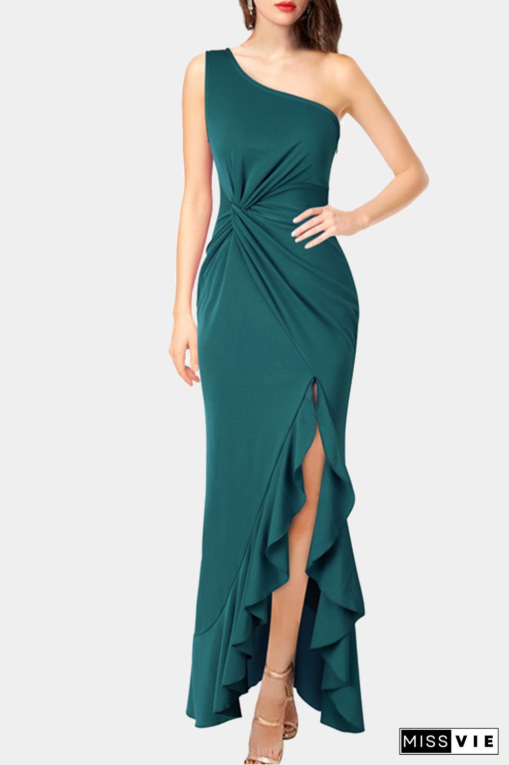 Elegant Solid Flounce Slit One Shoulder Evening Maxi Dresses(6 Colors)