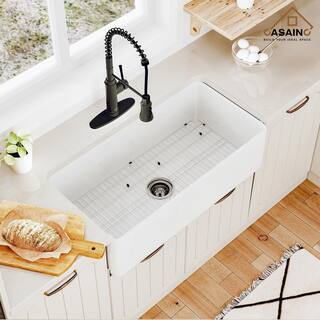 CASAINC Glossy White Fireclay 36 in. Single Bowl Farmhouse Apron Kitchen Sink with Bottom Grid and Strainers With CUPC Certified CA-SN3618-W