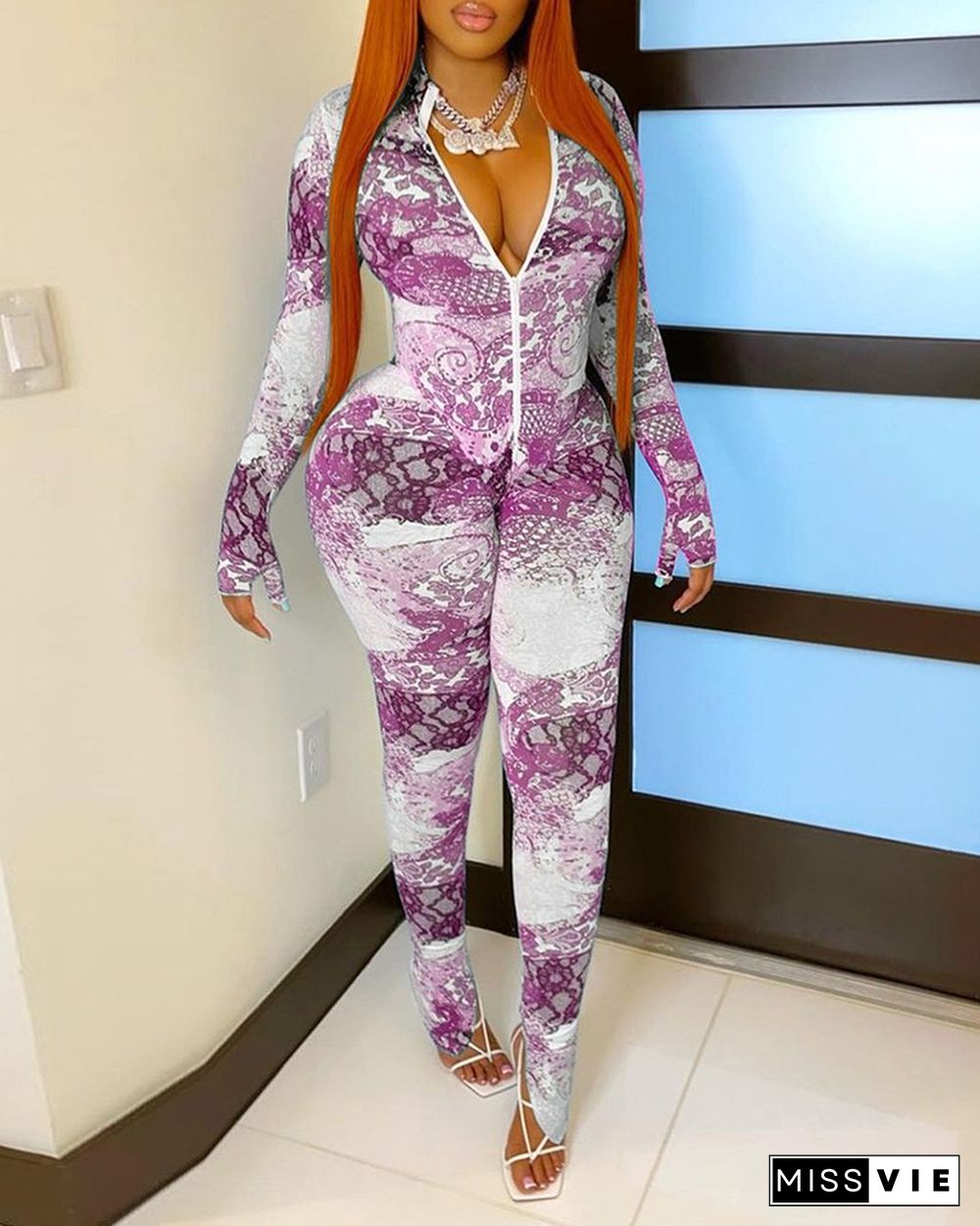 Wave Print V-Neck Zipper Front Jumpsuit