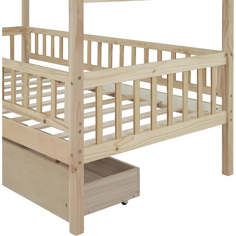 Twin House Bed with 2 Storage Drawers Rails and Roof for Kids