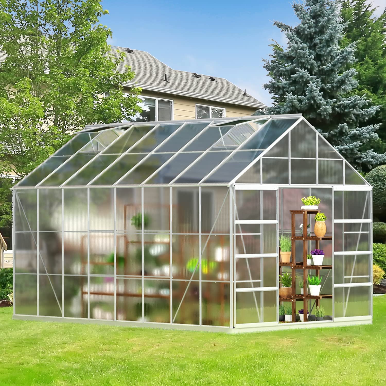 Mellcom 10' x 16' Walk-in Hobby Greenhouse, Outdoor Sliver Aluminum Frame Polycarbonate Green House with Adjustable Roof Vent