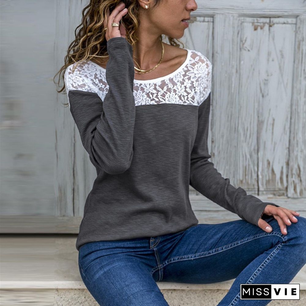 Women Round Neck Ladies Fashion Casual Long Sleeves Tops Sexy Lace Pullover Plus Size T-Shirt Solid Color Loose Top Cotton Blouse