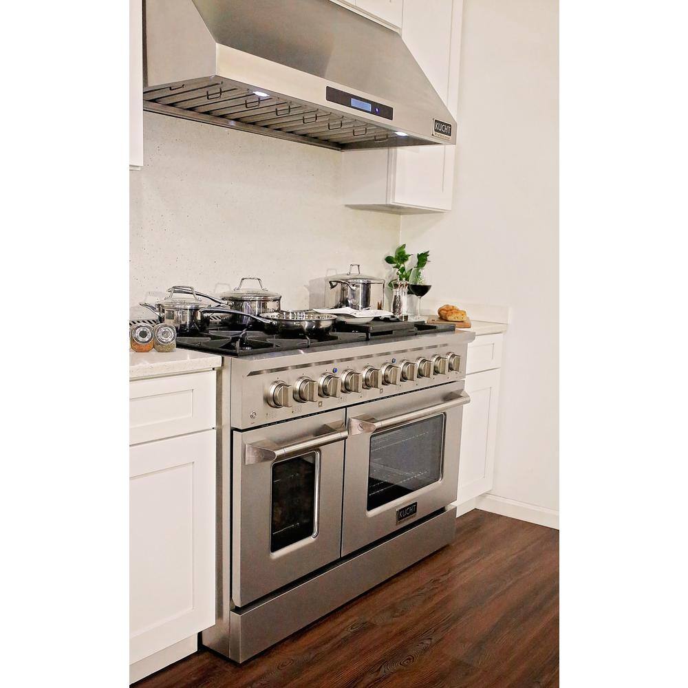 Kucht Pro-Style 48 in. 6.7 cu. ft. Double Oven Natural Gas Range with 8 Burners in Stainless Steel and Silver Oven Doors KNG481-S