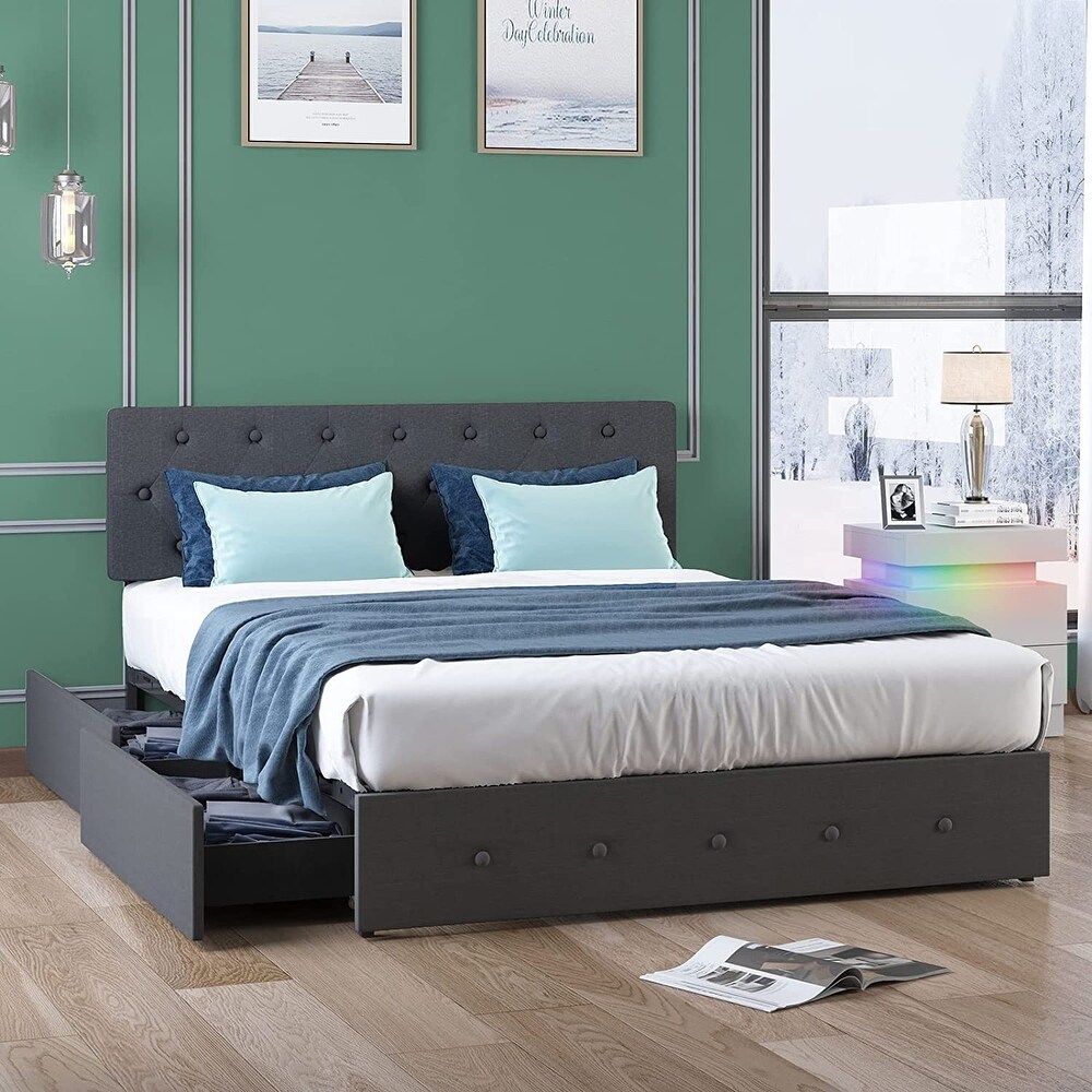 Mixoy Upholstered Platform Bed Frame with 4 Built in Storage Drawers   Adjustable Headboard