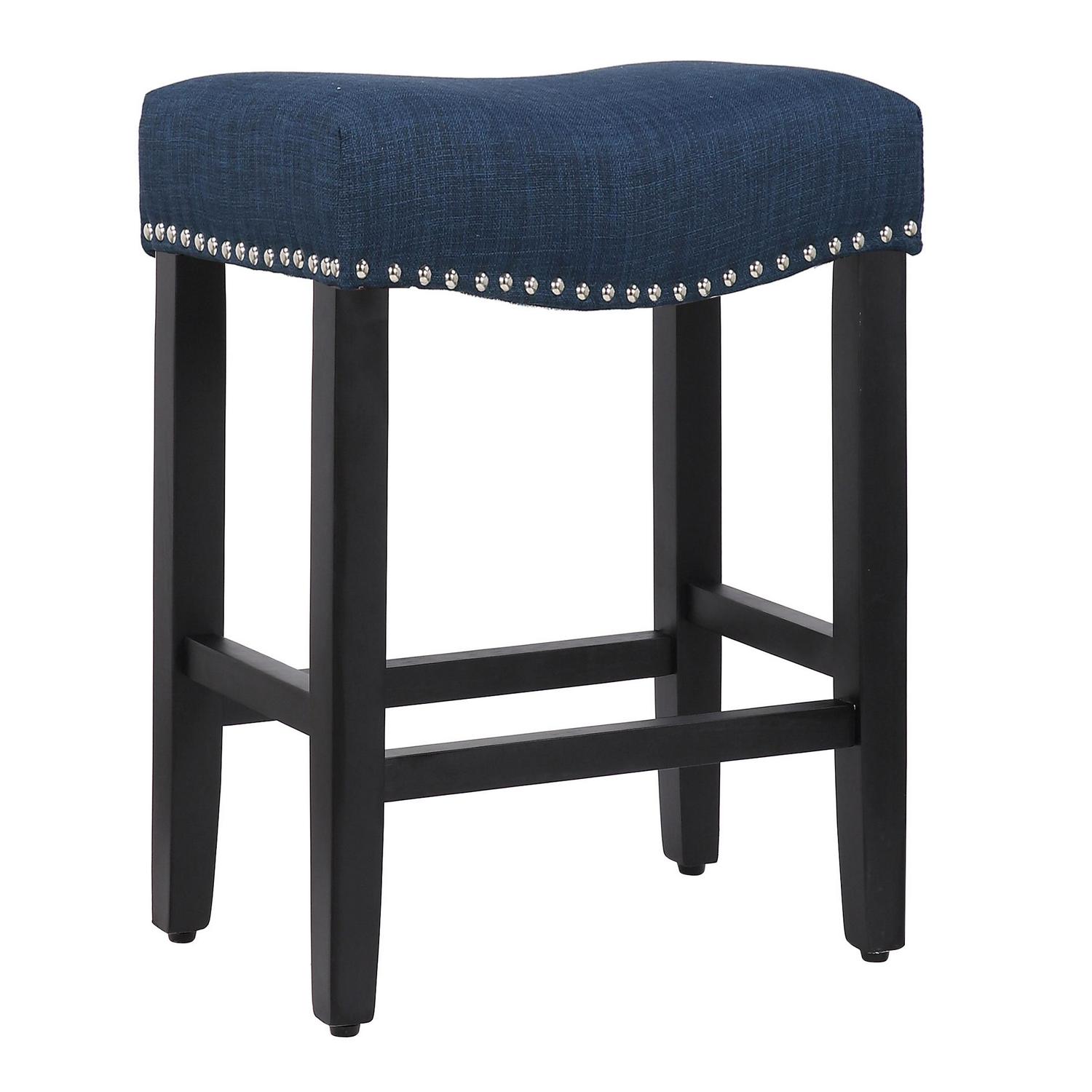 Westin Outdoor Yazan 24 Upholstered Bar Stool with Nail Head Trim (Set of 2)， Black/Navy Blue