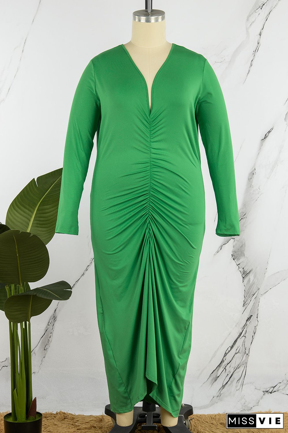 Green Casual Solid Fold V Neck Long Sleeve Plus Size Dresses