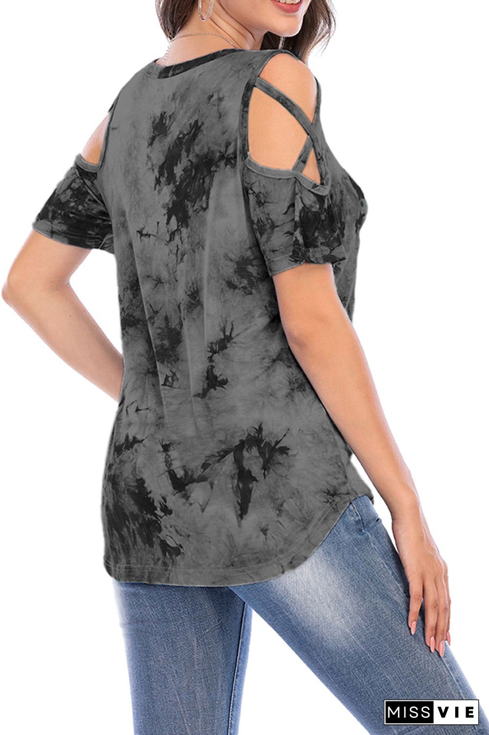 Criss-Cross Short Sleeve Crew Neck Tie Dye T-Shirt Wholesale