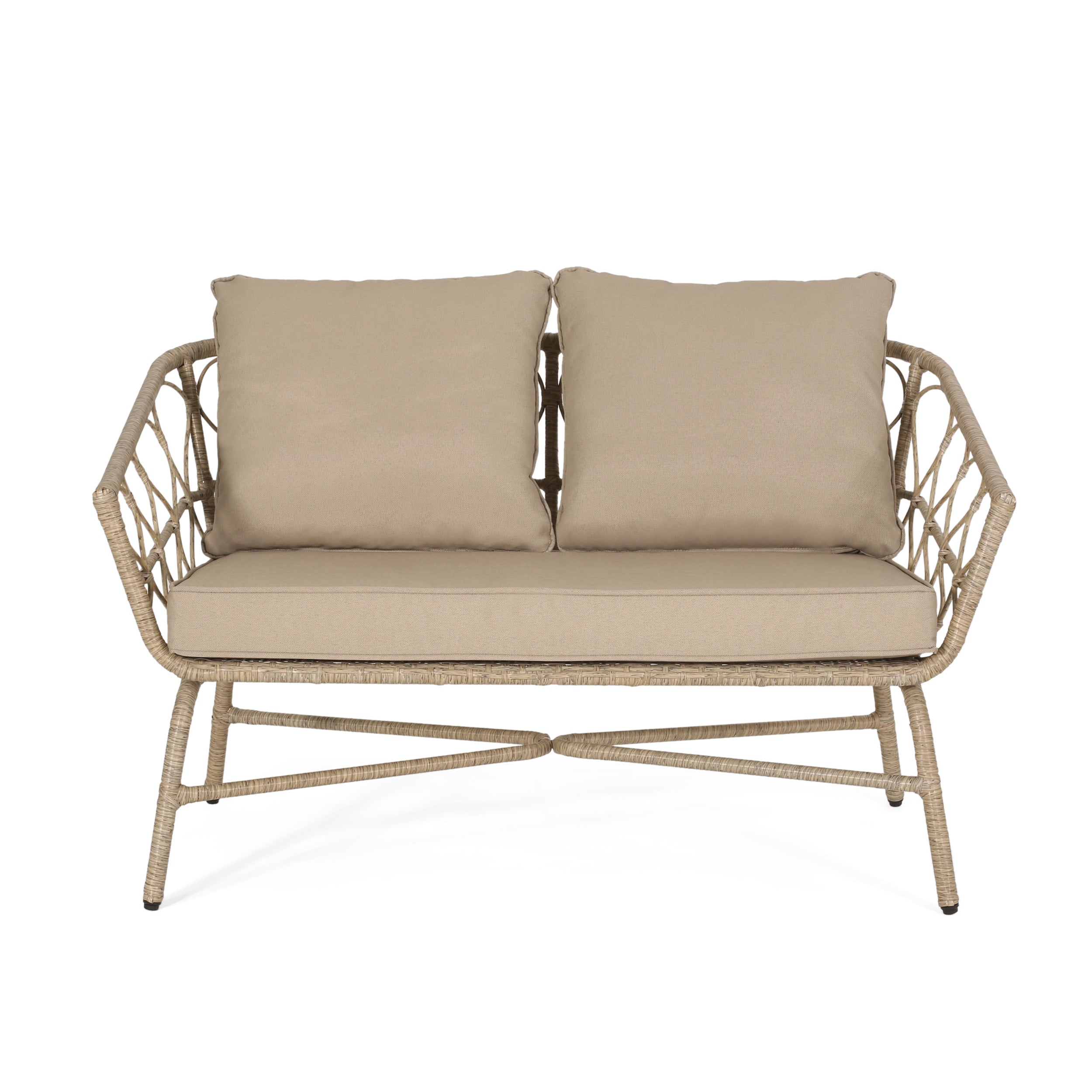 Colmar Outdoor Wicker Loveseat and Coffee Table Set, Light Brown and Beige