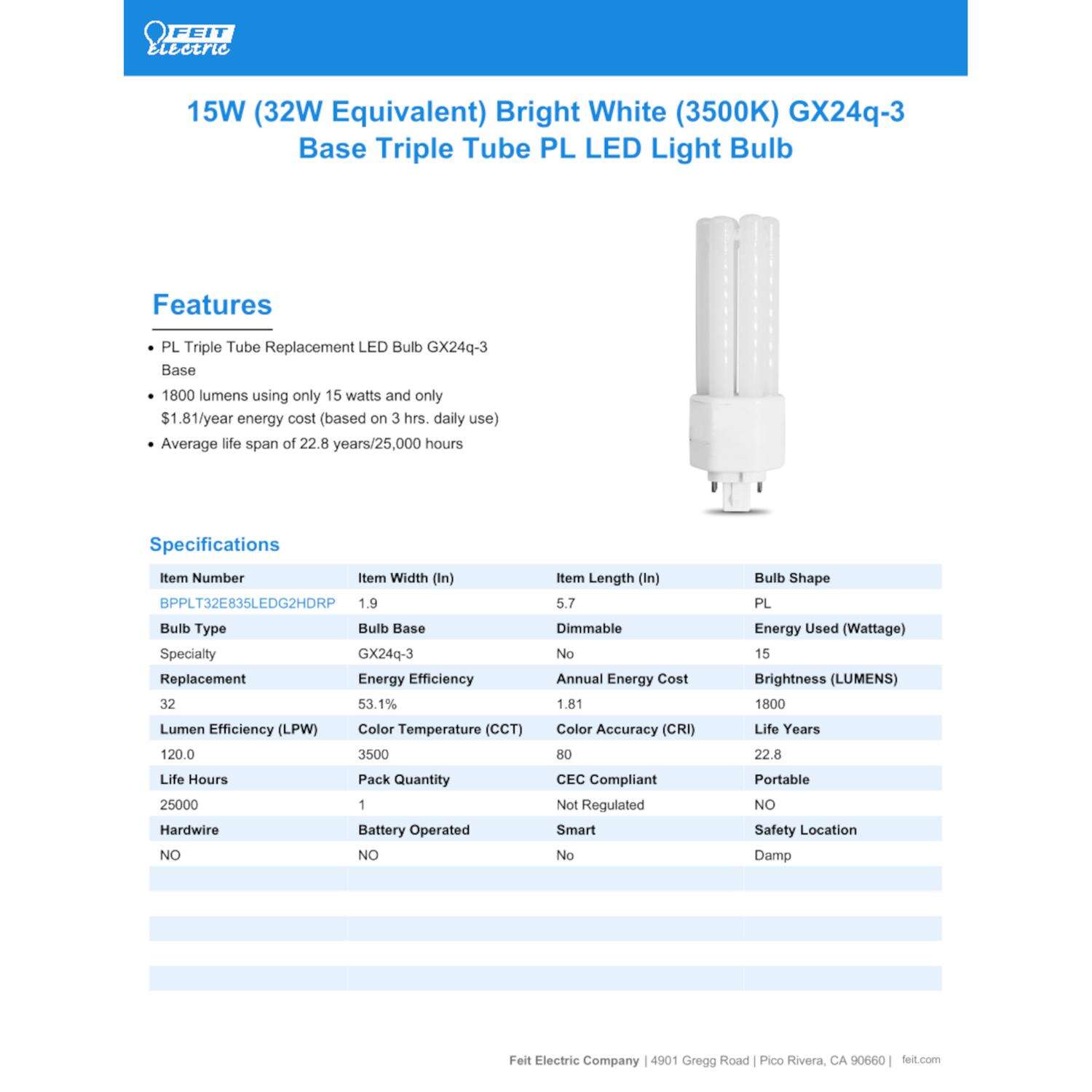 Feit LED Linear PL GX24Q-3 4-Pin LED Light Bulb Bright White 32 Watt Equivalence 1 pk