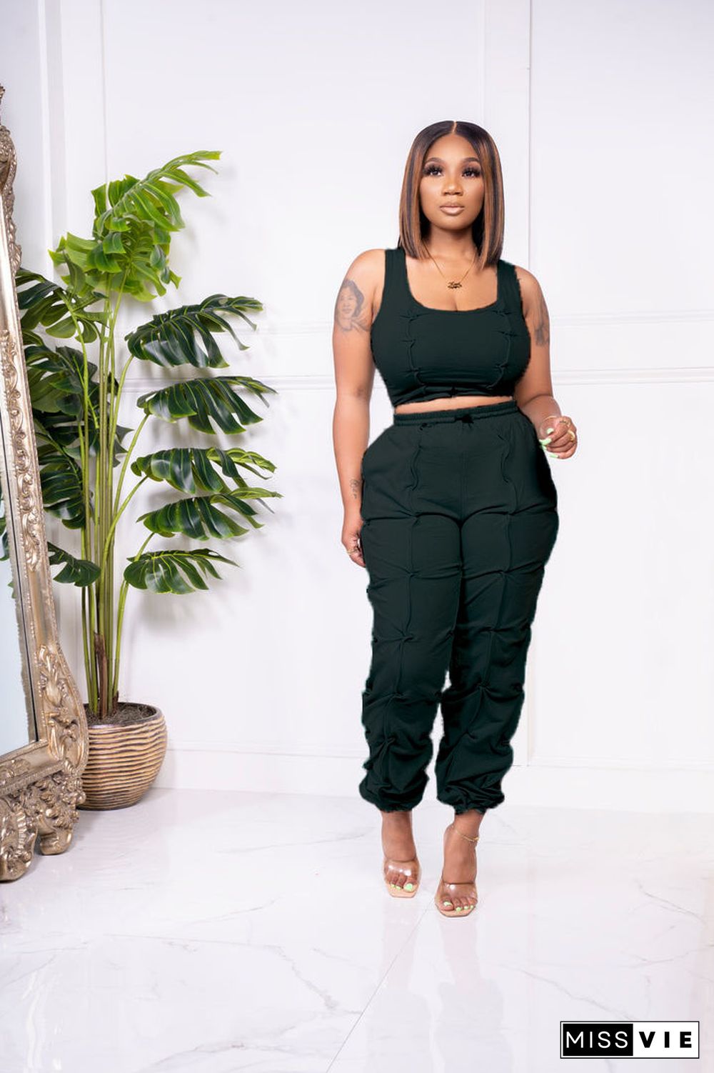 Solid Crop Tank Top Jogger Pants Tracksuits