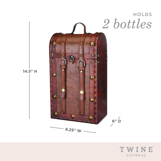 Twine Antique 2 Bottle Wooden Decorative Wine Box With Lid And Handle Wood Faux Leather Brass Accents