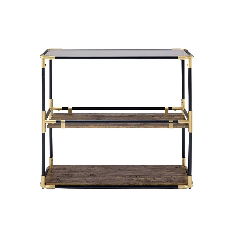 Rechange Glass Top Console Table Metal Tubular Framing and Wooden Shelves， Black and Brown