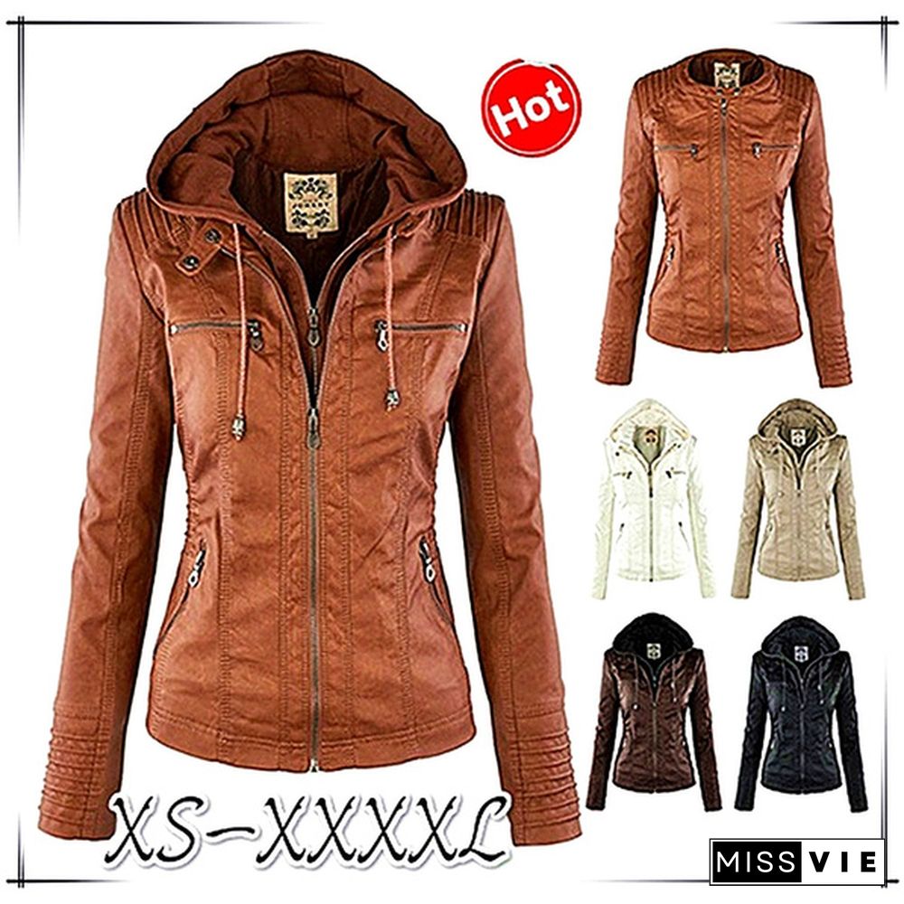 New Arrival Plus Size Women Fashion Autumn Winter Coat Jacket Long Sleeve Zipper New Women's Stylish Slim Removable Hooded Leather Jackets Coat Ladies Tops Motorcycle Coat Outerwear