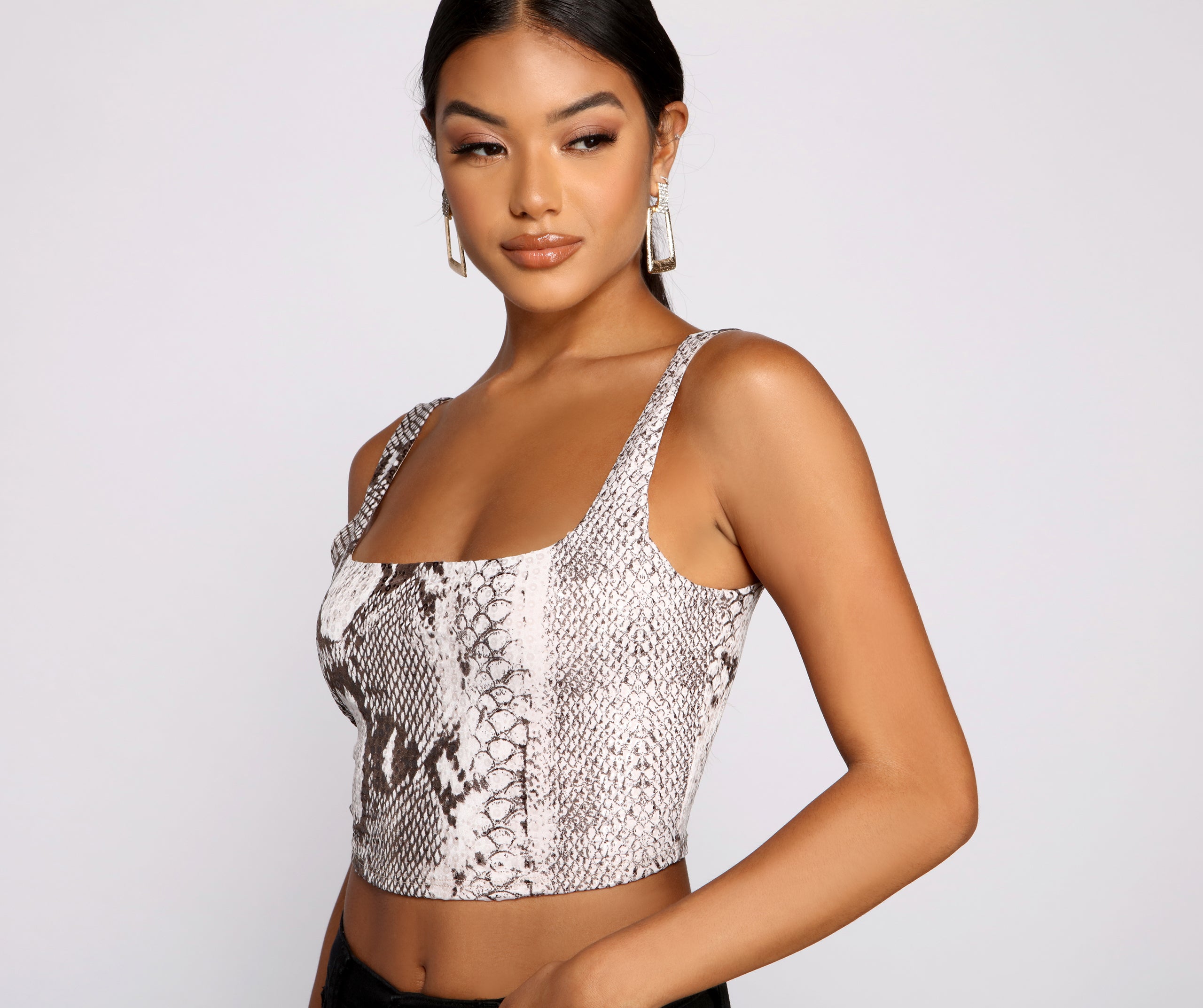 Sequin Snake Print Square Neck Crop Top