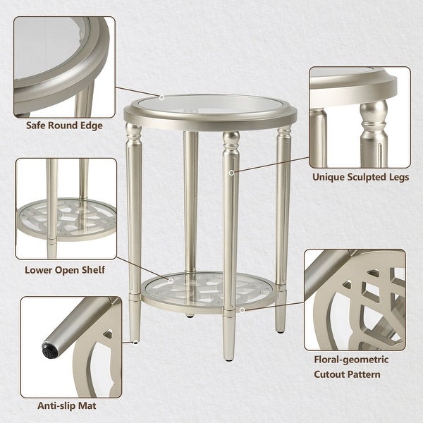 COSIEST 2-Tier Sliver Round Tempered Glass Side Table with Storage Shelf