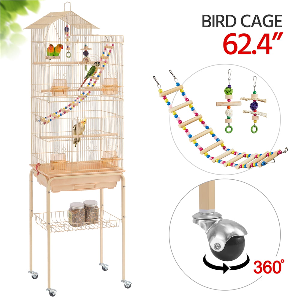 Yaheetech Rolling Metal Bird Cage with Detachable Stand Large Parrot Cage w/ Stand and Toys Budgies Cockatiels Parakeets， Almond