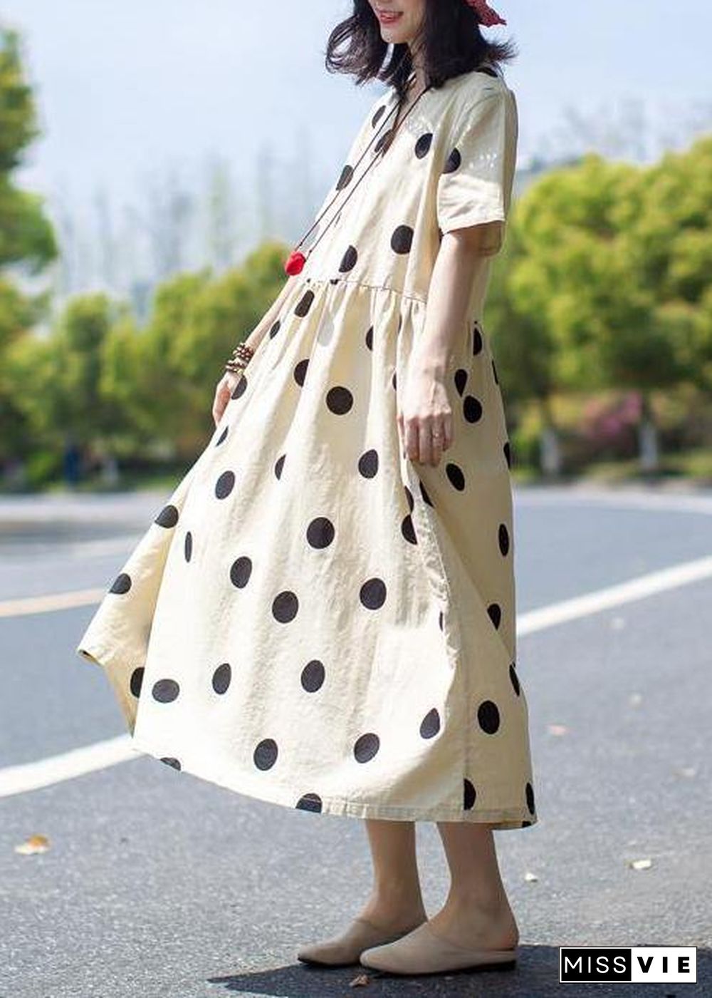 Unique linen Wardrobes Casual Polka Dot V-Neck Loose Linen Dress