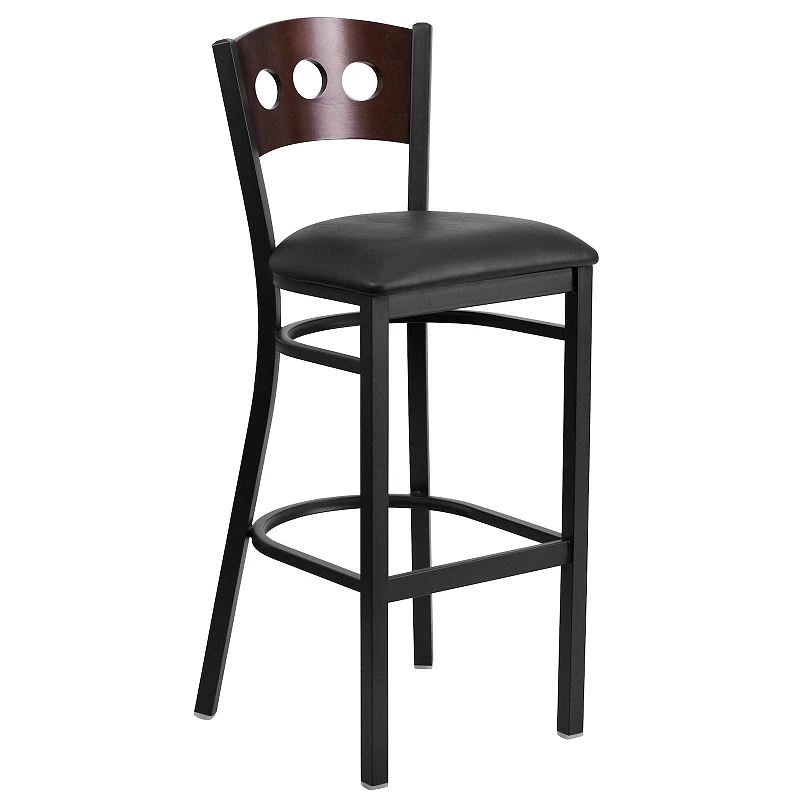 Emma and Oliver Black Metal 3 Circle Back Barstool， Wood Back and Seat