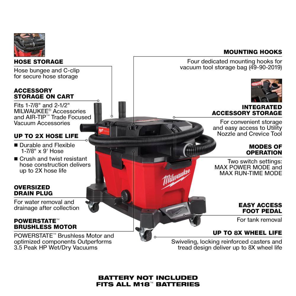 MW M18 FUEL 6 Gal. Cordless WetDry Shop Vacuum WFilter Hose Accessories and M18 8.0 Ah Battery and Rapid Charger Kit 0910-20-48-59-1880