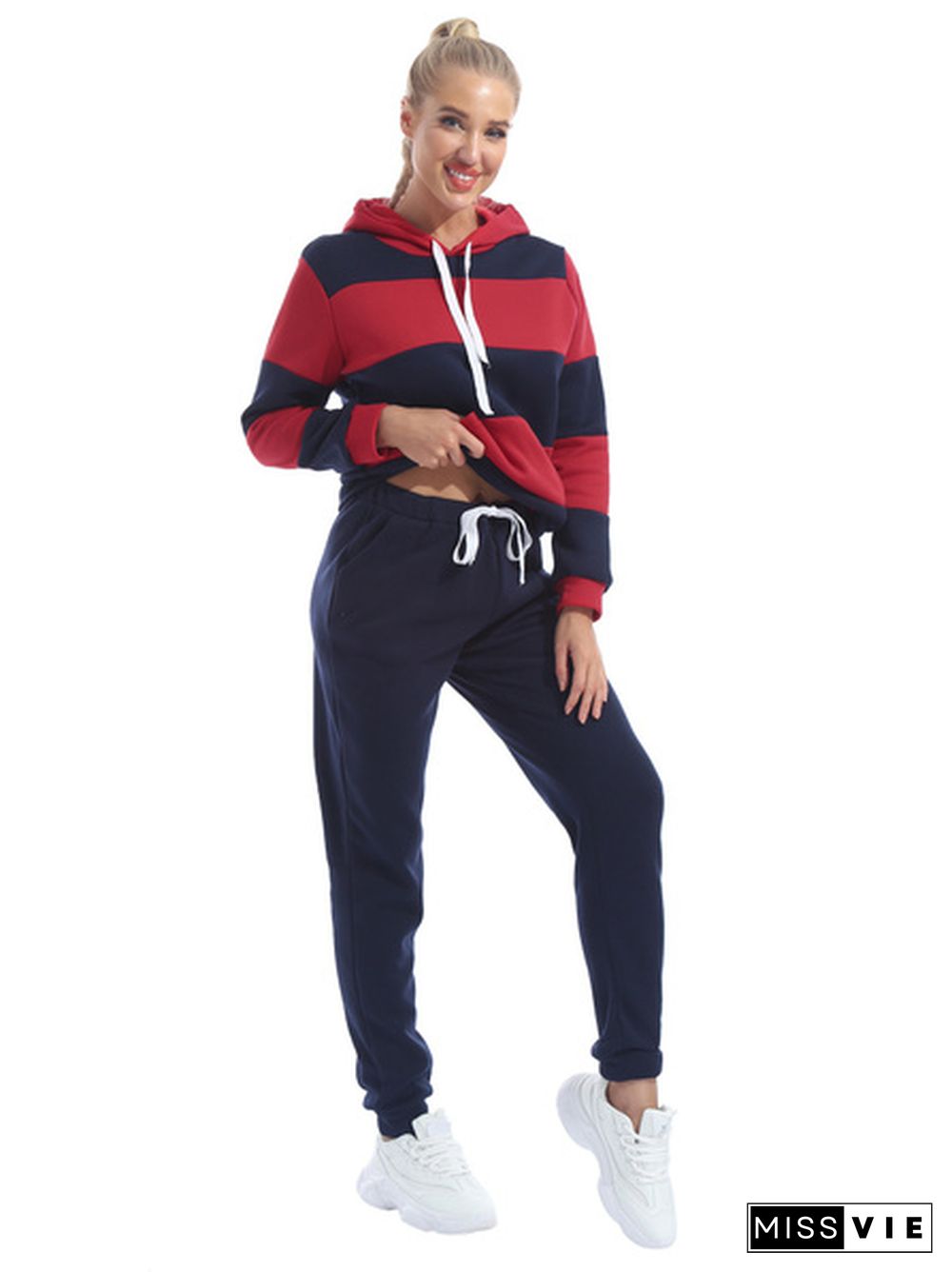 Plus Size Women's Casual Two Piece Outfits Stripes Sweatsuit Tracksuit Pocket Hoodies Sweatshirt Drawstring Pants S-Xxxl