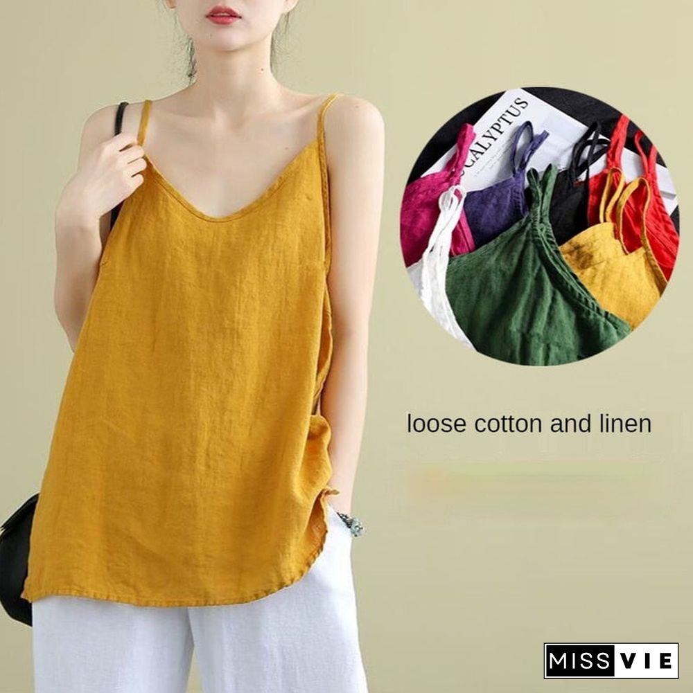 Women'S Summer Top Cotton Linen Spaghetti Strap Top Women Halter V Neck Basic Yellow Sleeveless Tank Tops Loose Casual Camis