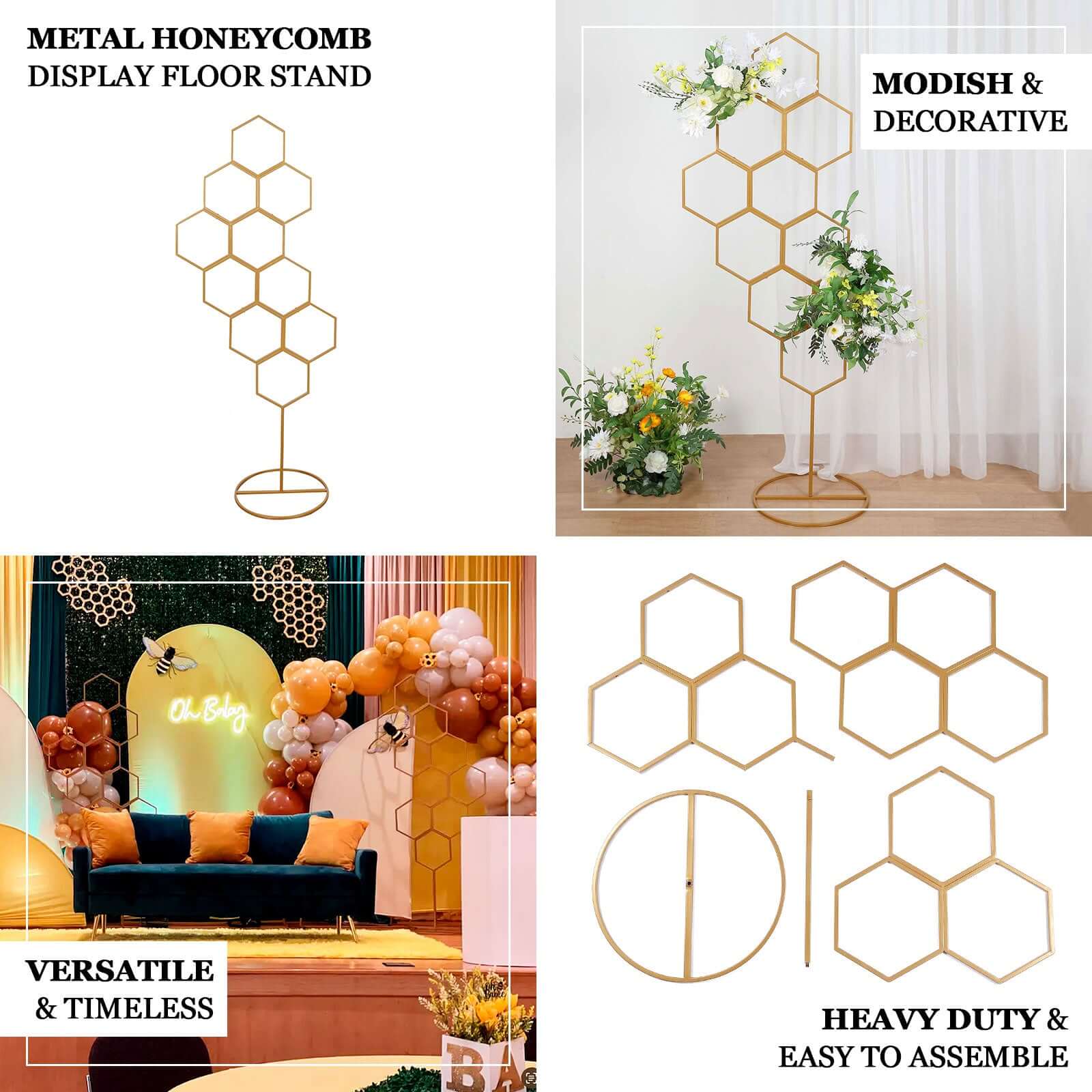 Gold Metal Honeycomb Floor Standing Balloon Display Arch, Wedding Flower Frame Backdrop Stand 6ft