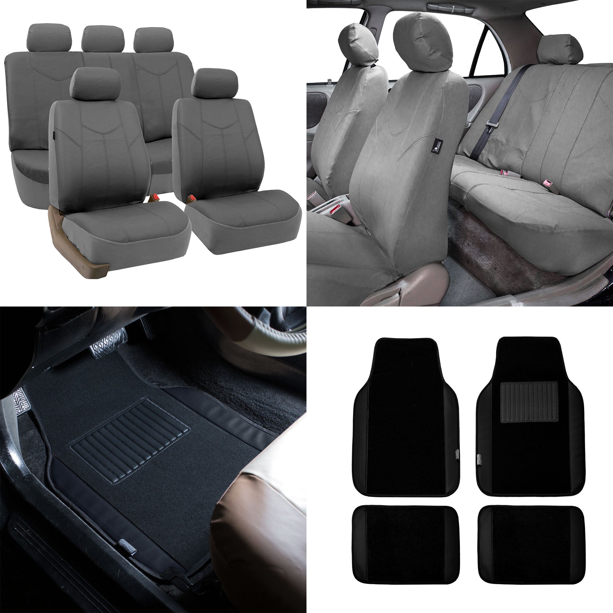 FH Group PU Leather Airbag Compatible Split Bench Seat Covers for Auto， Full set with Carpet Floor Mats， Gray