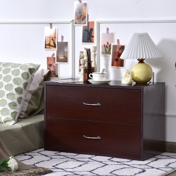 2-Drawer Dresser Horiztonal Organizer End Table Nightstand with Handle Wood-Brown - - 33999242