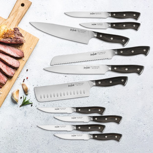 Joyjolt 11pc Kitchen Knife Set With Block High Carbon X50 German Steel Knives Chef Bread Slicing Nakiri Utility Paring And Steak Knife Set