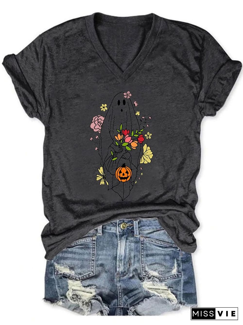 Women's Casual Ghost Art Printed Short Sleeve T-Shirt