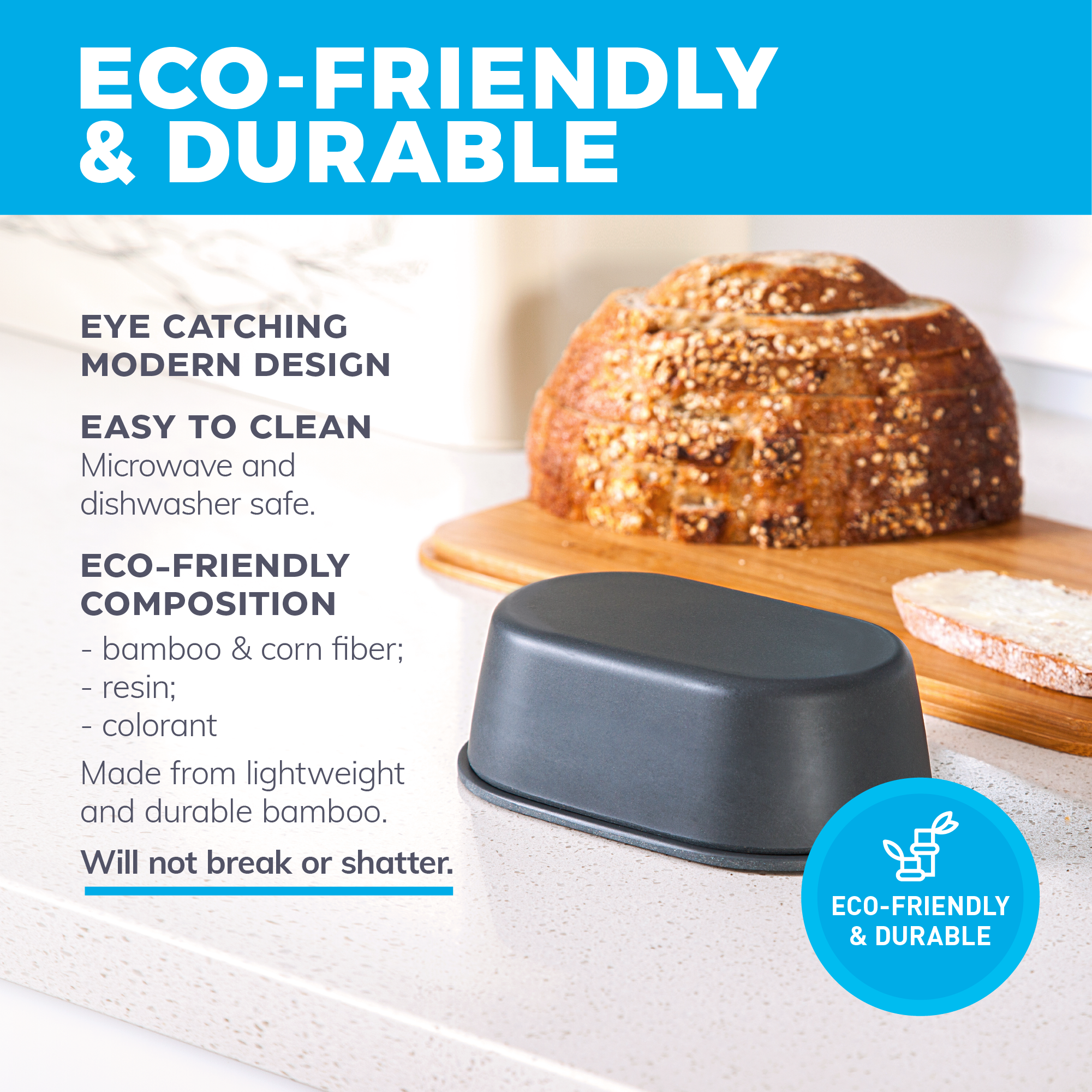 Modern Bamboo Dark Grey Butter Dish with Lid - Dishwasher Safe - Perfectly Sized For Large European Style Butters