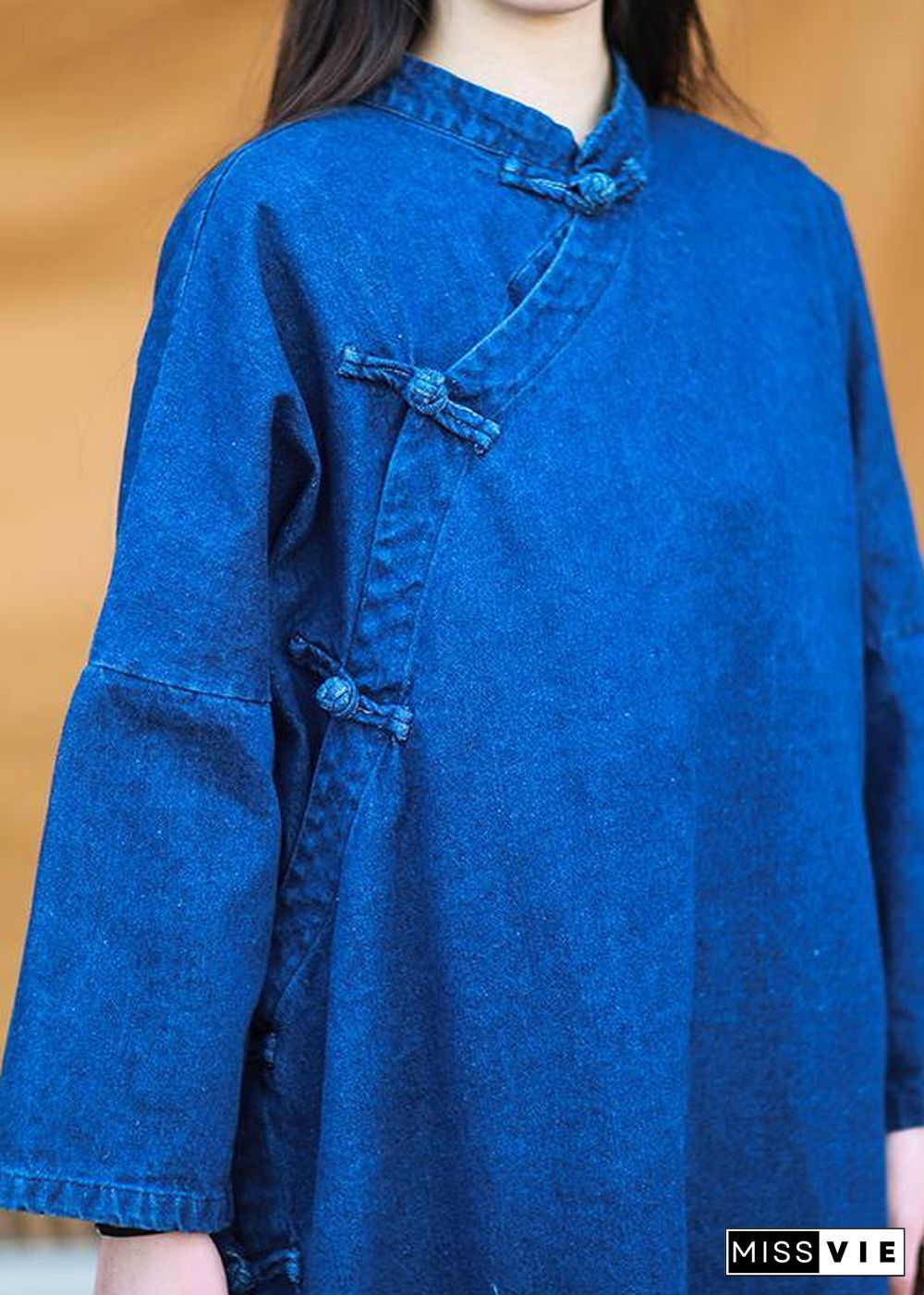 DIY denim dark blue quilting dresses stand collar baggy Dresses