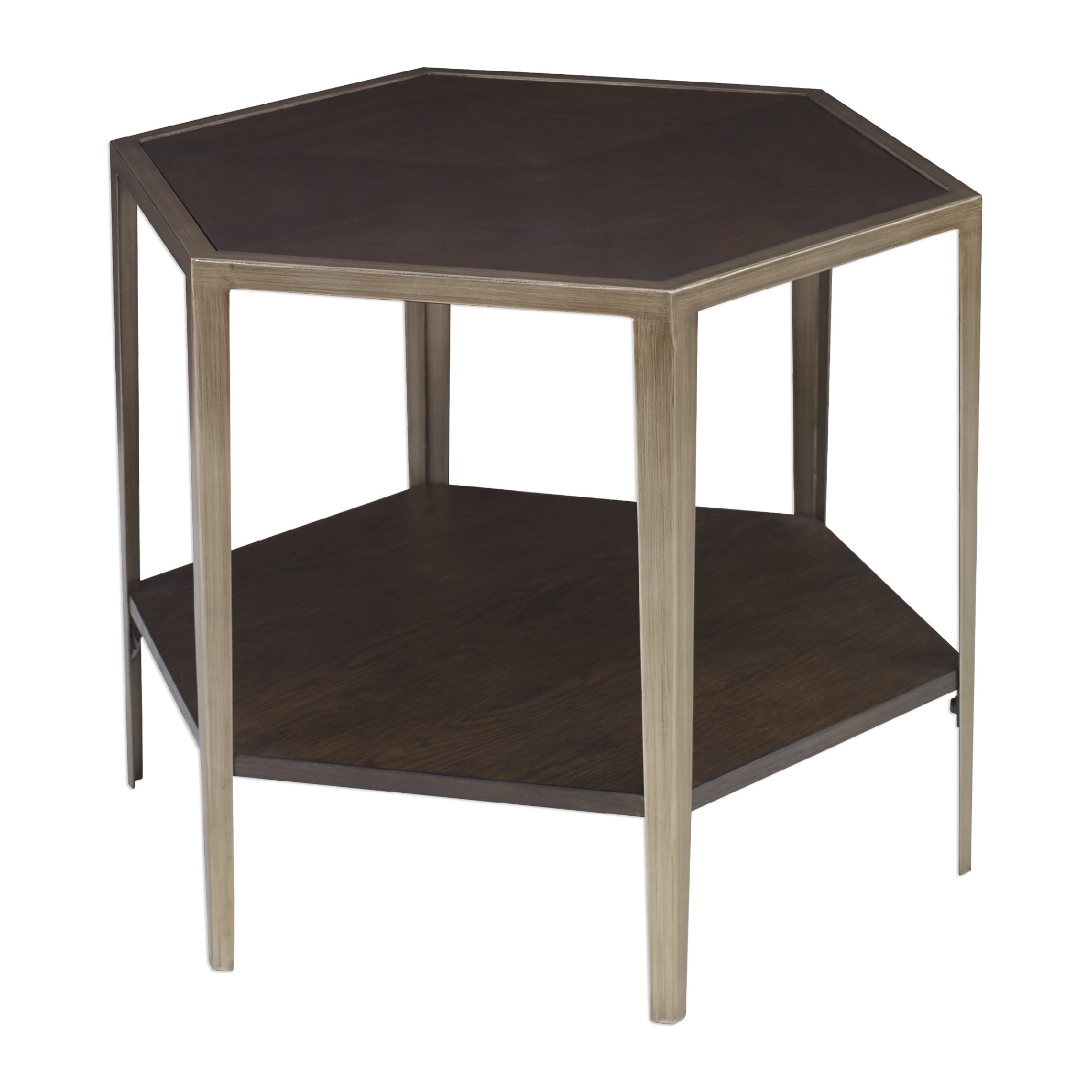 24” Gold and Brown Wood Contemporary Hexagonal Accent Table