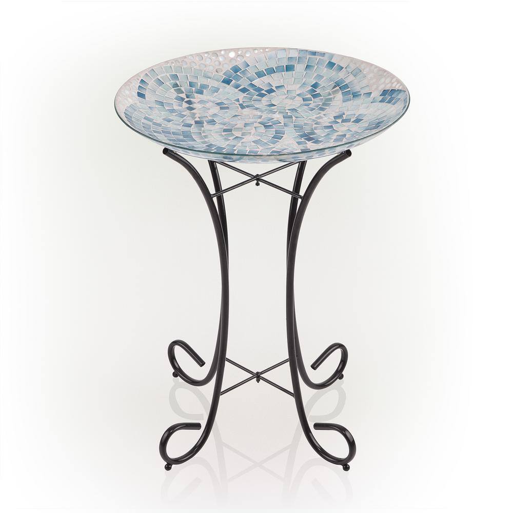 Alpine Corporation 24 in. Tall Outdoor Mosaic Style Glass Birdbath Bowl with Metal Stand， Blue HMD102A