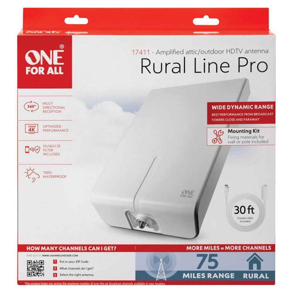 One For All Rural Line Pro Amplified Outdoor HDTV Antenna with Mounting Kit 17411