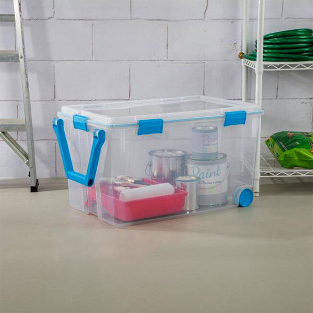 Sterilite 120 Qt. Plastic Storage Tote with Blue Aquarium Gasket Latch Lid in Clear (3-Pack) 3 x 19434303