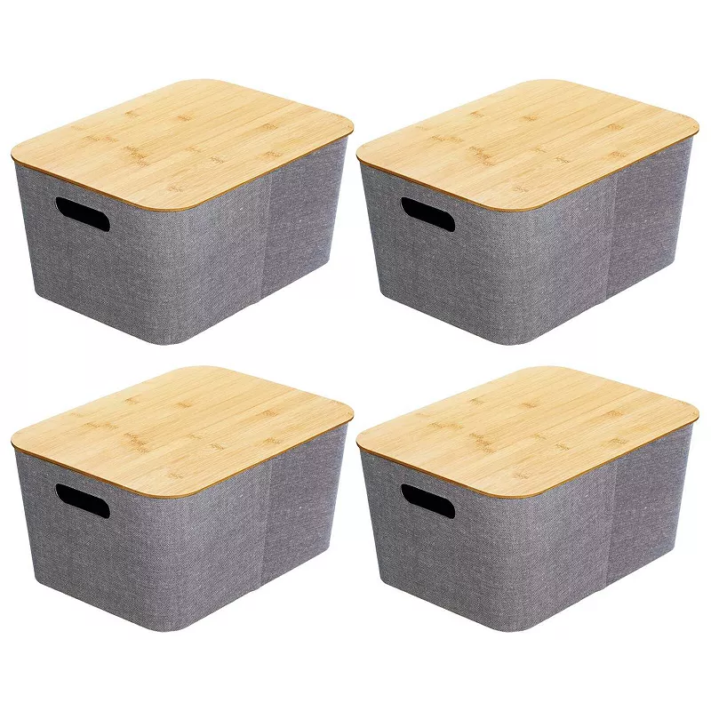 mDesign Fabric Stacking Storage Bin Box and Wood Lid Cover， 4 Pack