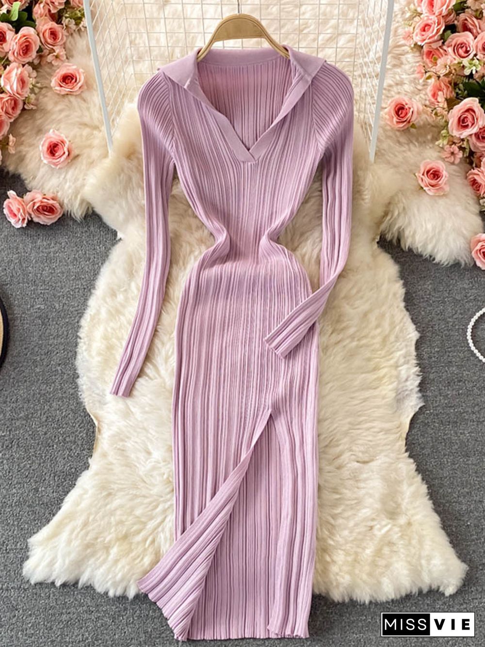 Women Korean Knitted Dress Long Sleeve V Neck Elastic Slim Pencil Dresses Autumn Sexy Bodycon Split Sweater Dress