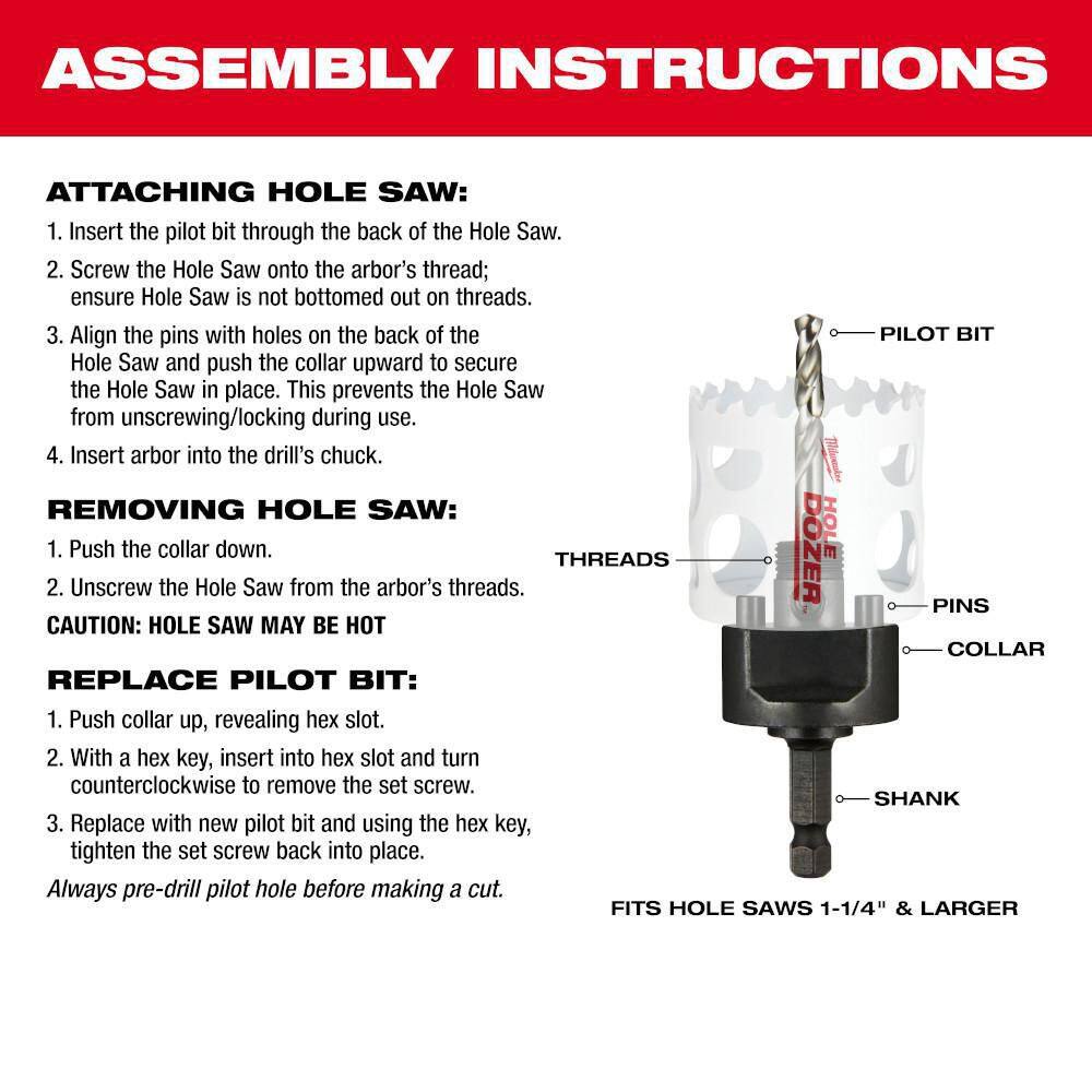 MW 38 in. Quick Change Large Hole Saw Arbor W Pilot Drill Bit 49-56-7250