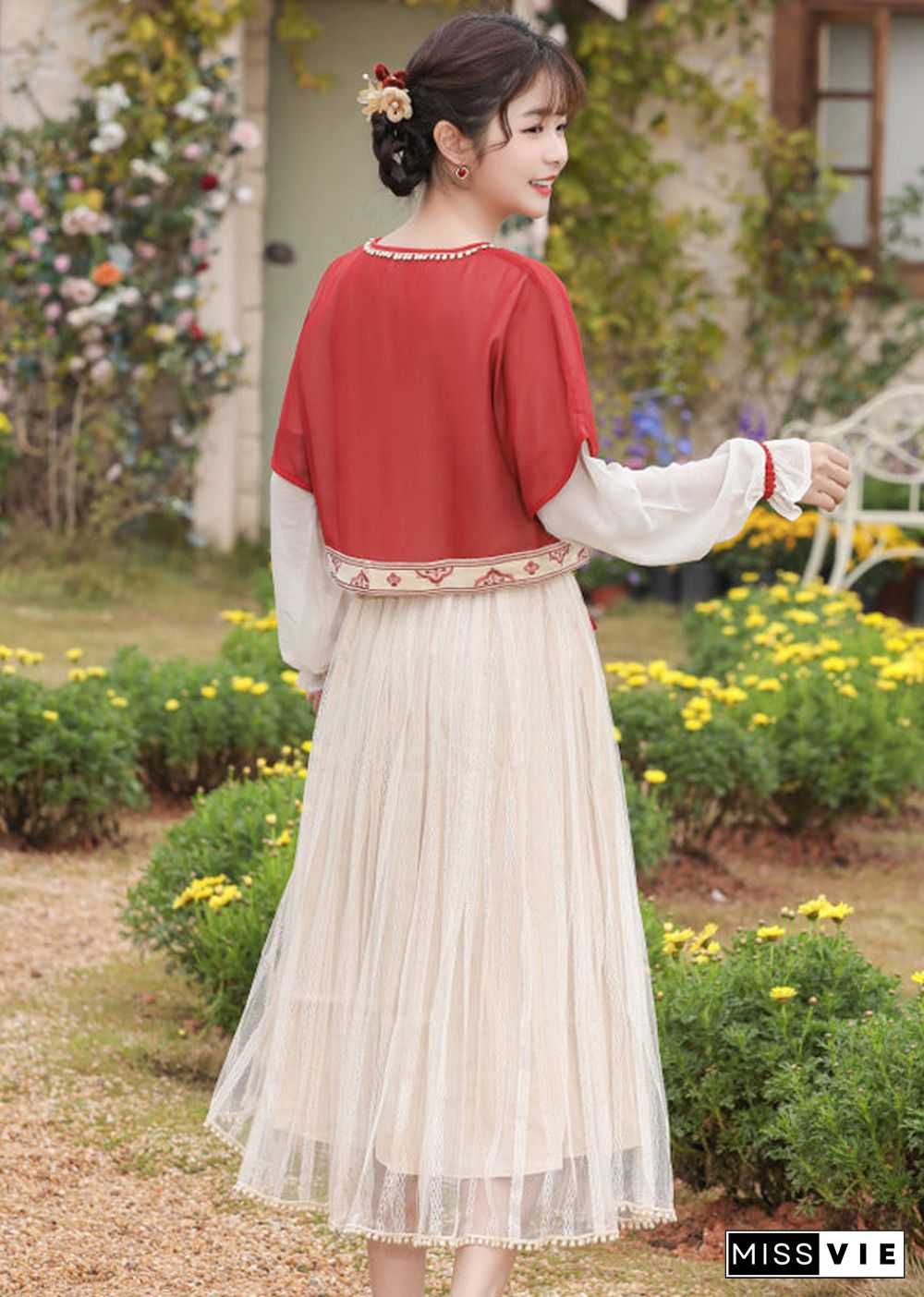 Chinese Style Red Embroideried Tops And Pleated Skirt Chiffon Two Pieces Set Long Sleeve