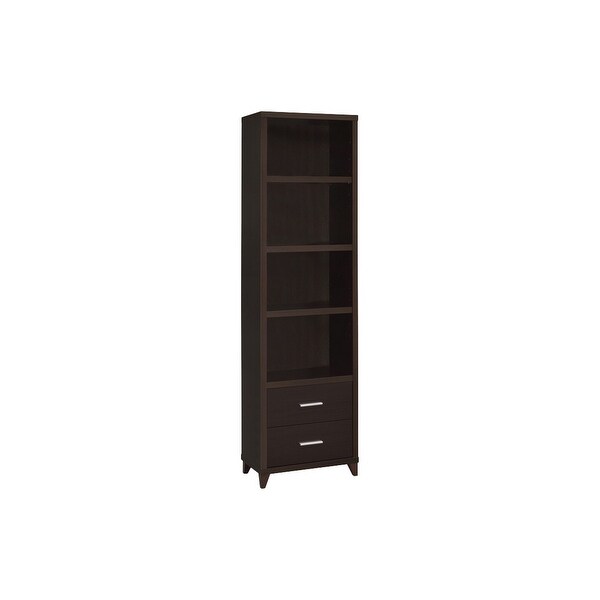 3 Shelf Wooden Media Tower with 2 Drawers， Dark Brown