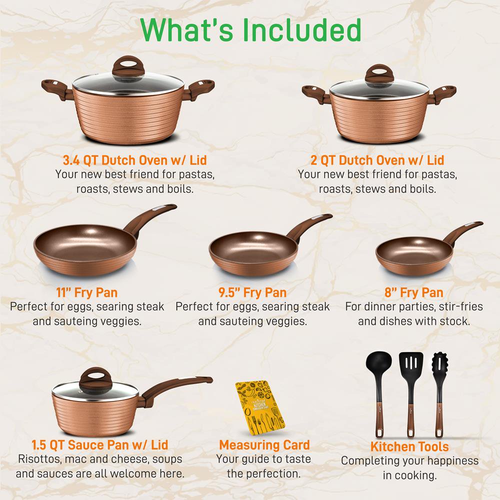 NutriChef 12 Piece Kitchenware Pots and Pans Set， Non-Stick Coating Inside and Outside， Coffee Inside and Brown Outside