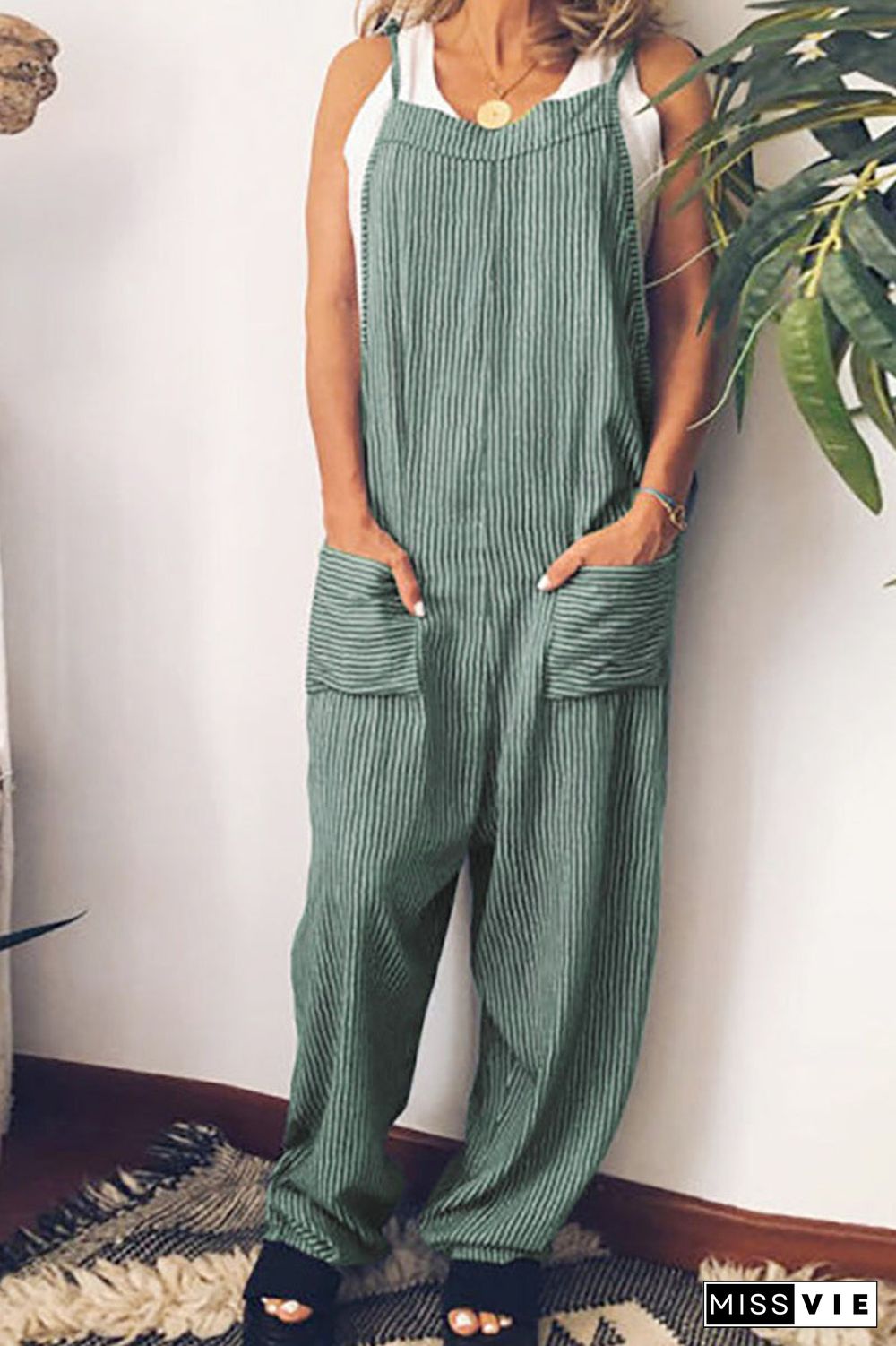 Striped Tie Up Pocket Jumpsuits