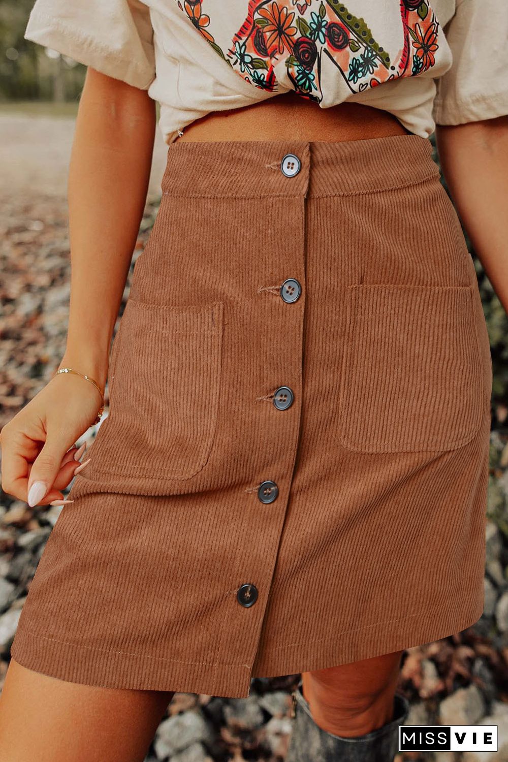 Brown Buttons Front Corduroy Mini Skirt