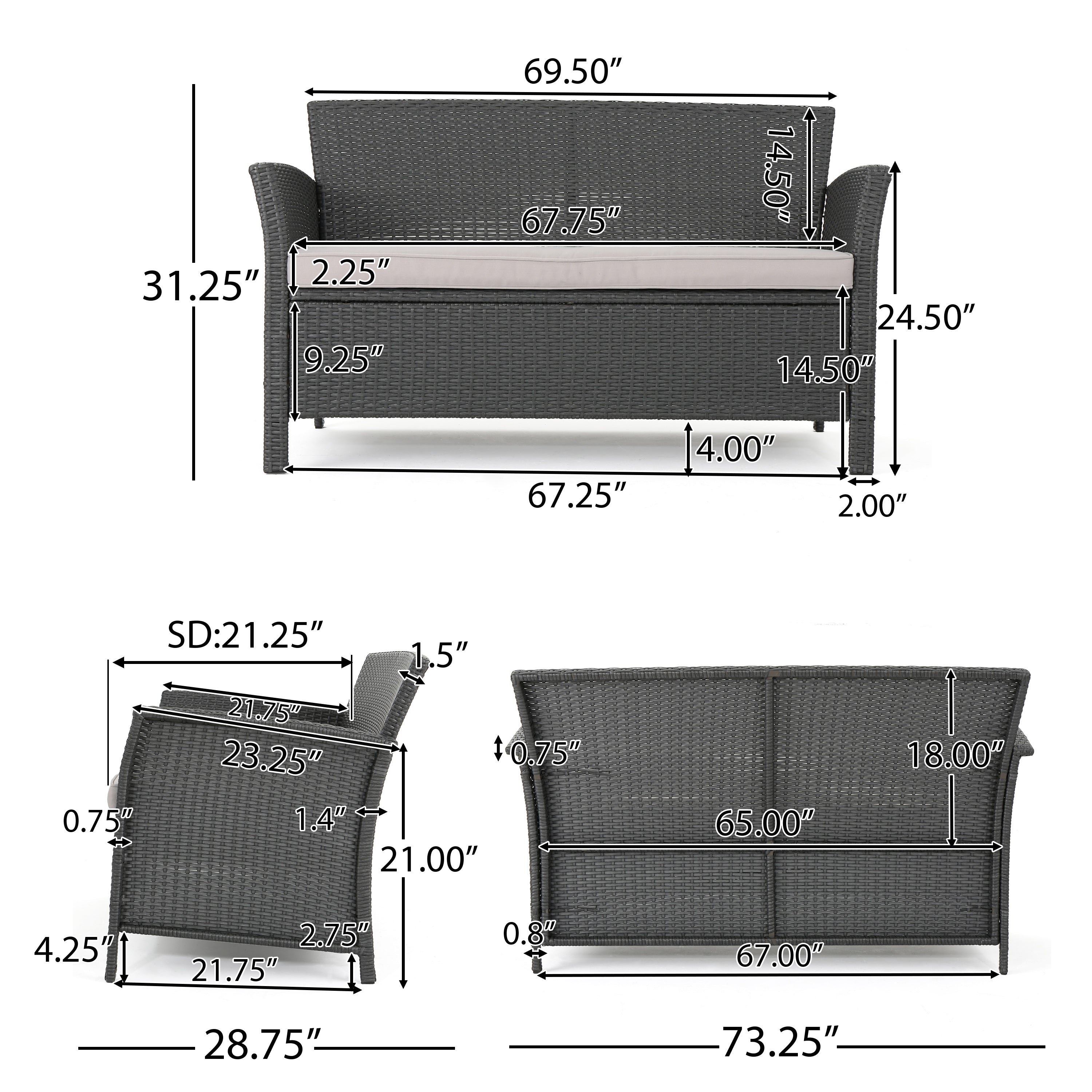 Mason Outdoor 7 Seater Wicker Chat Set with Fire Pit, Gray and Dark Gray