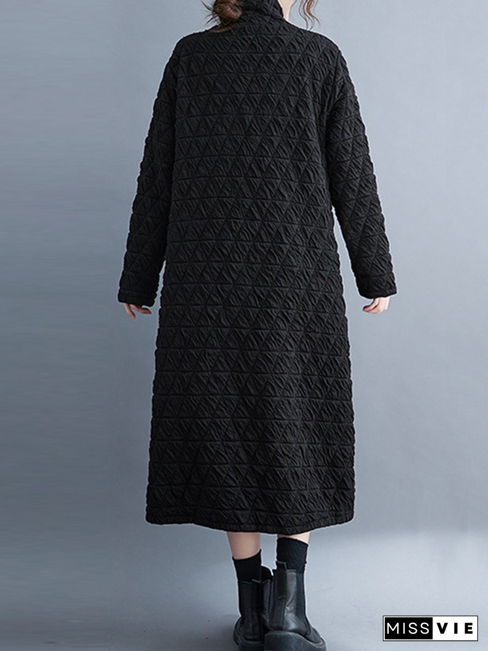 Casual Long Sleeves Loose Solid Color Textured High-Neck Cotton Padded Midi Dresses