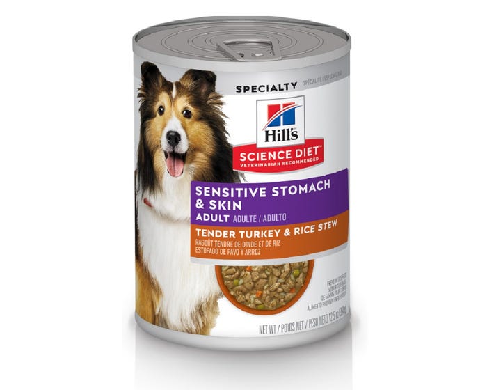 Hills® Science Diet® Adult Sensitive Stomach and Skin Tender Turkey and Rice Stew Wet Dog Food， 12.5 oz.  Can