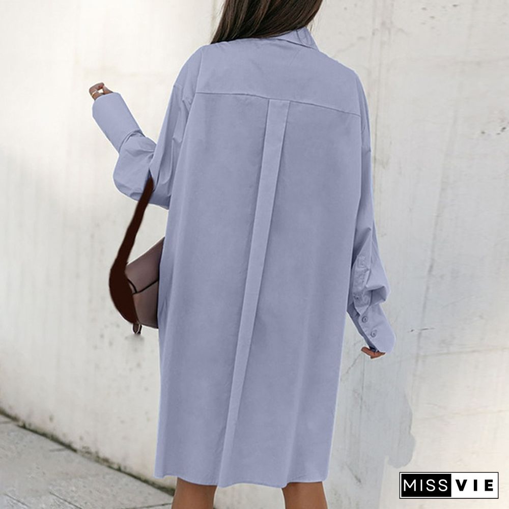 Women Casual Loose Shirt Dress Long Tops Irregular Hem Lapel Collar Long Sleeve Mini Dress Plus Size