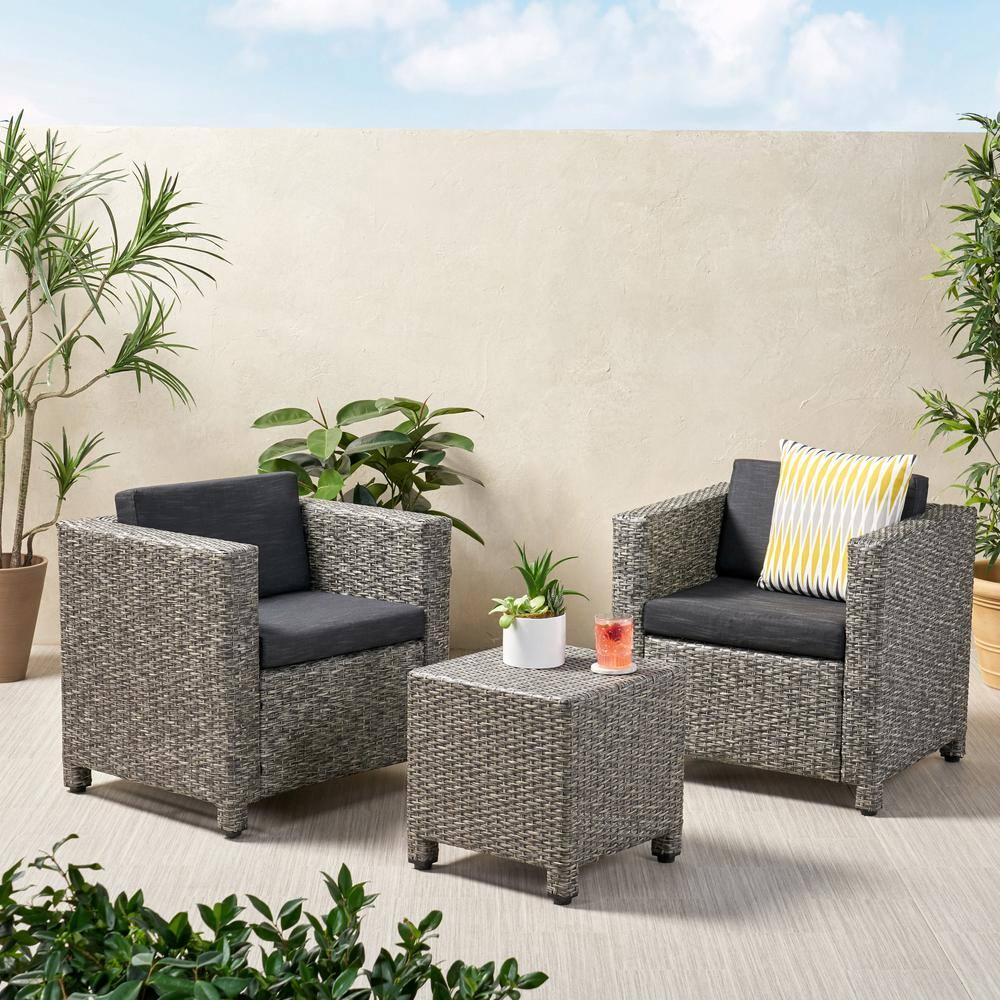 Noble House 3Piece Wicker Patio Conversation Set with Dark Gray Cushions