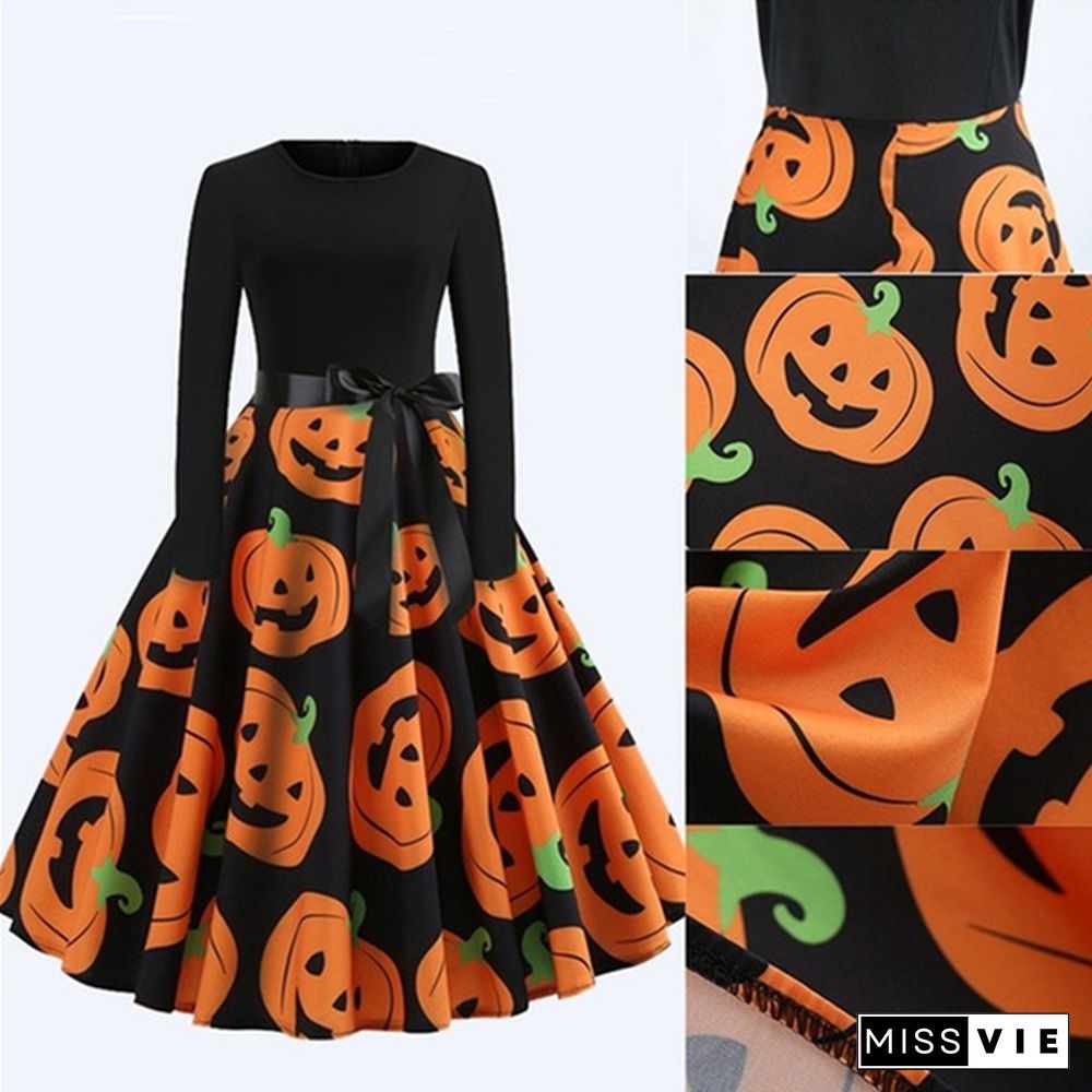 Trendy Women Halloween Christmas Costumes Long Sleeve Dresses Elegant Pumpkin Santa Claus Skull 3D Print Evening Party Dresses Festival Round Neck Belt Prom Dresses Plus Size